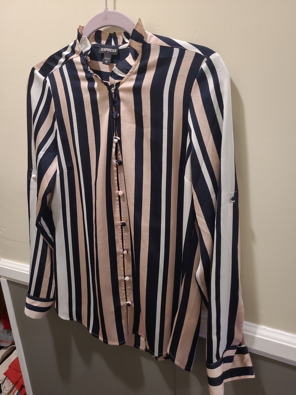 Express Womens Medium Pink/black Striped Button Up Blouse Long Sleeve - Picture 2 of 11
